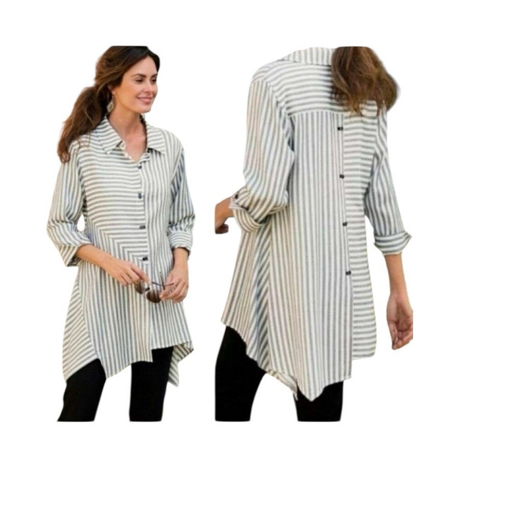 Steven Edwards Striped S Pinned Sleeve Button Front Back 100% Cotton Tunic Boho